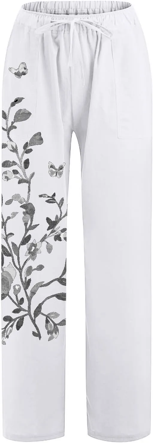 Women Linen Pants 2025 Summer Drawstring High Waisted Wide Leg Pants Lounge Beach Trousers with Pockets