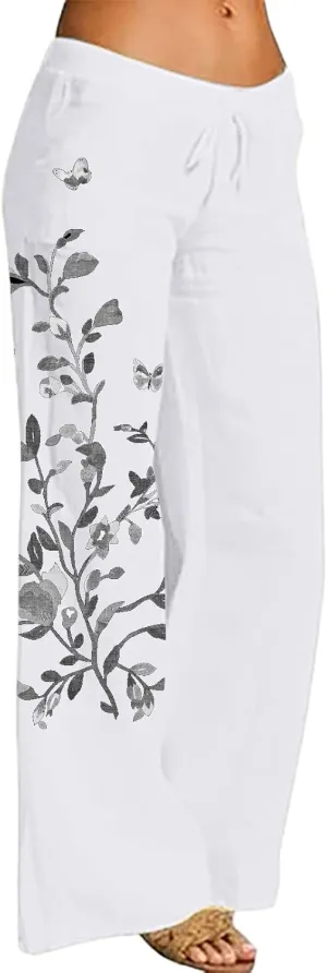 Women Linen Pants 2025 Summer Drawstring High Waisted Wide Leg Pants Lounge Beach Trousers with Pockets