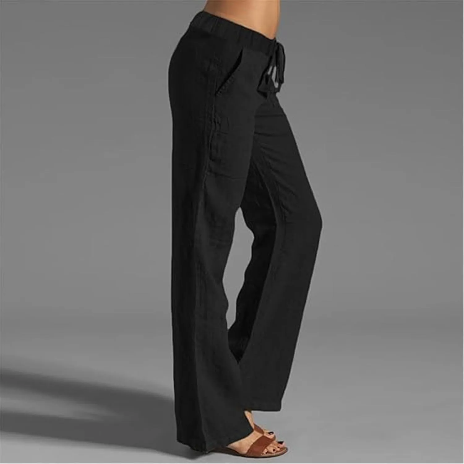 Women Linen Pants 2025 Summer Drawstring High Waisted Wide Leg Pants Lounge Beach Trousers with Pockets