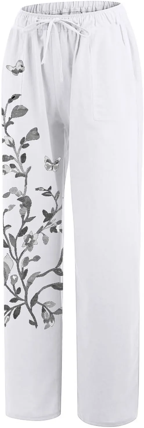 Women Linen Pants 2025 Summer Drawstring High Waisted Wide Leg Pants Lounge Beach Trousers with Pockets