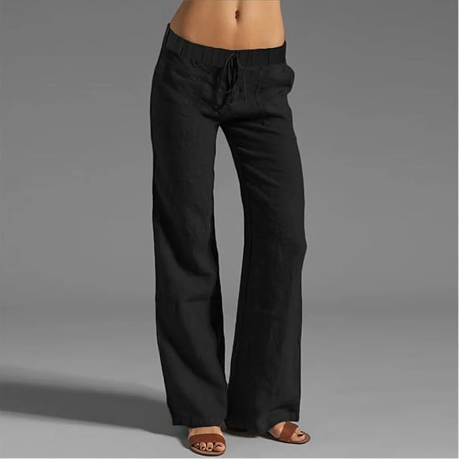 Women Linen Pants 2025 Summer Drawstring High Waisted Wide Leg Pants Lounge Beach Trousers with Pockets