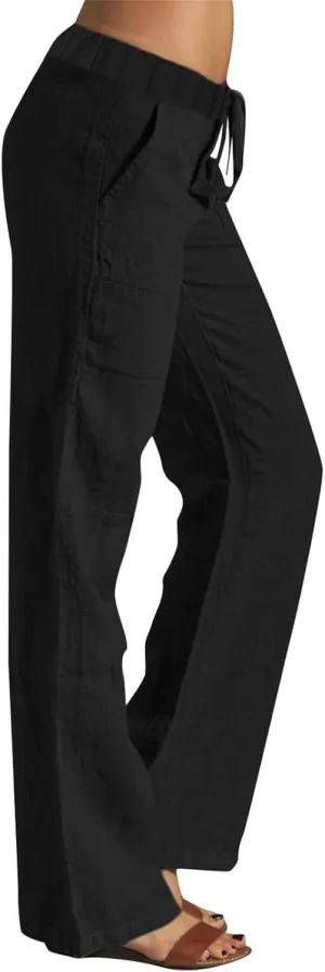 Women Linen Pants 2025 Summer Drawstring High Waisted Wide Leg Pants Lounge Beach Trousers with Pockets