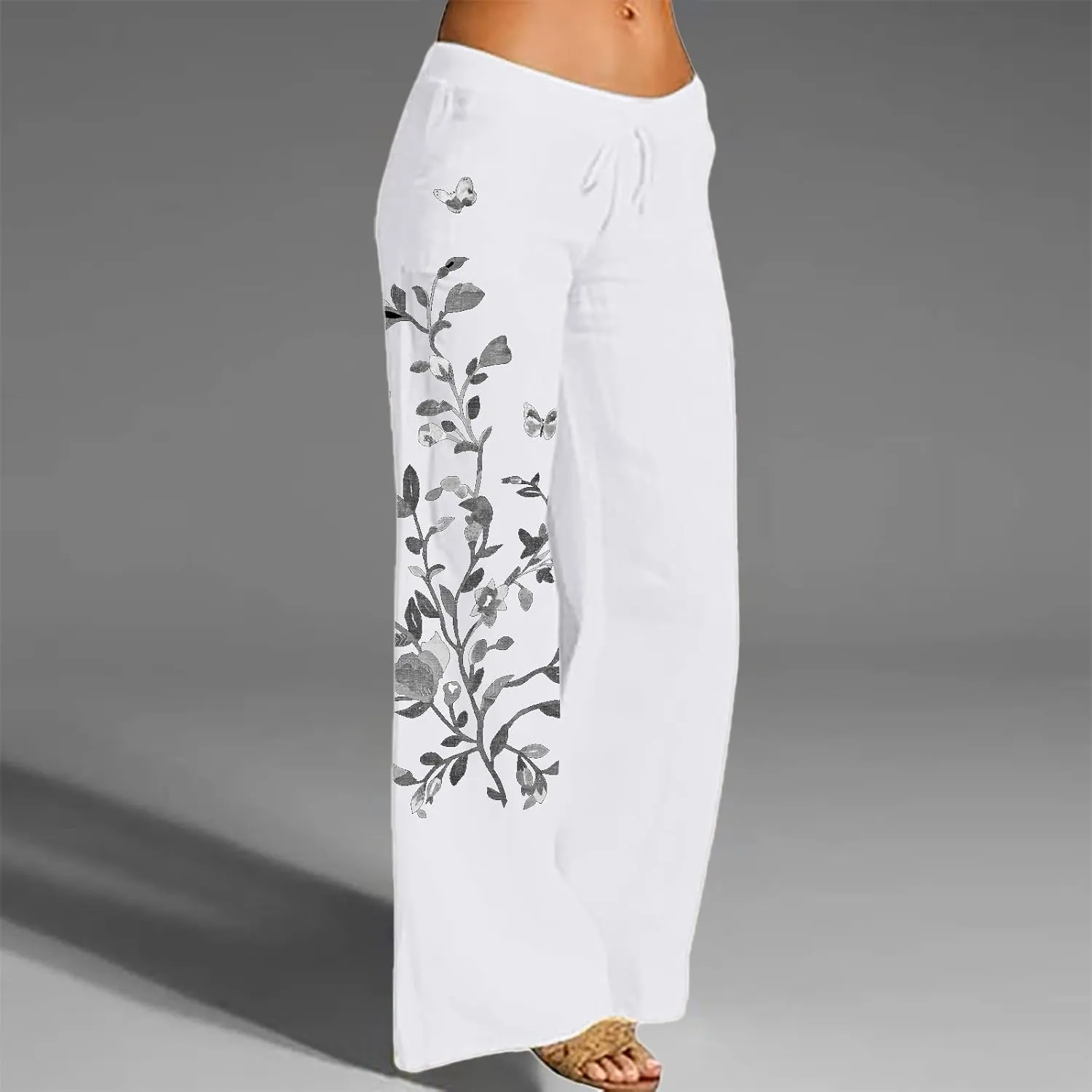 Women Linen Pants 2025 Summer Drawstring High Waisted Wide Leg Pants Lounge Beach Trousers with Pockets