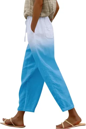Women Linen Pants Lightweight Capri Pants Cotton Linen High Waisted Trousers Loose Summer Lounge Long Trousers