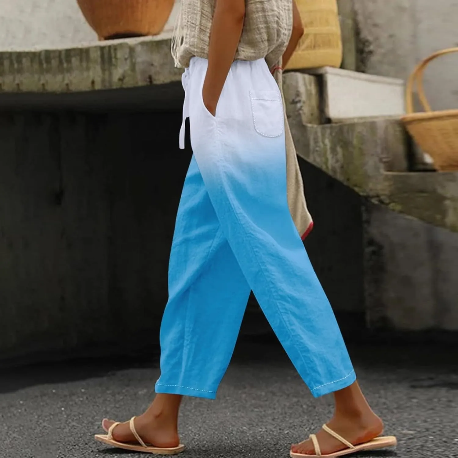 Women Linen Pants Lightweight Capri Pants Cotton Linen High Waisted Trousers Loose Summer Lounge Long Trousers