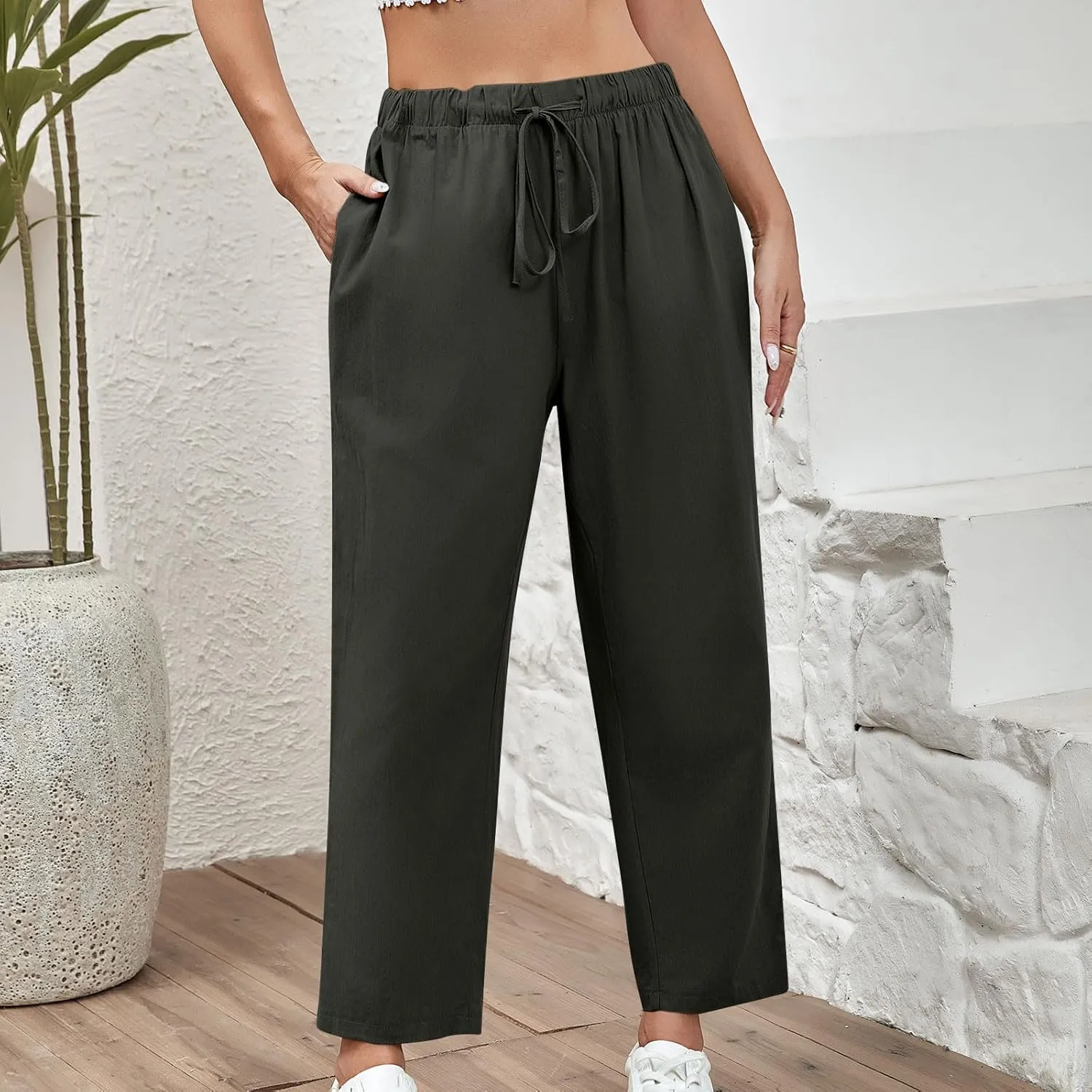 Women Linen Pants Summer 2025 Drawstring Elastic Waist Soft Comfy Cropped Pants Solid Color Wide Leg Palazzo Trousers