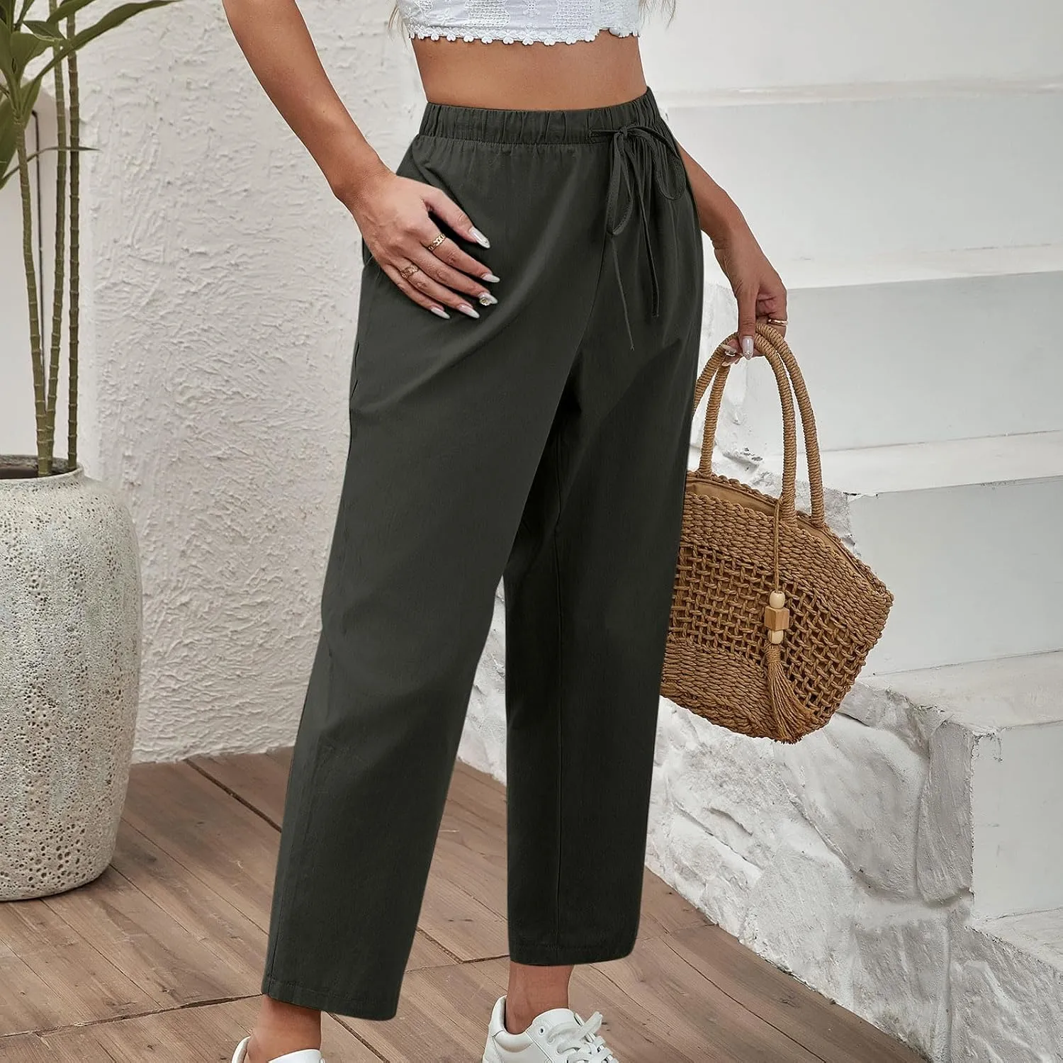 Women Linen Pants Summer 2025 Drawstring Elastic Waist Soft Comfy Cropped Pants Solid Color Wide Leg Palazzo Trousers