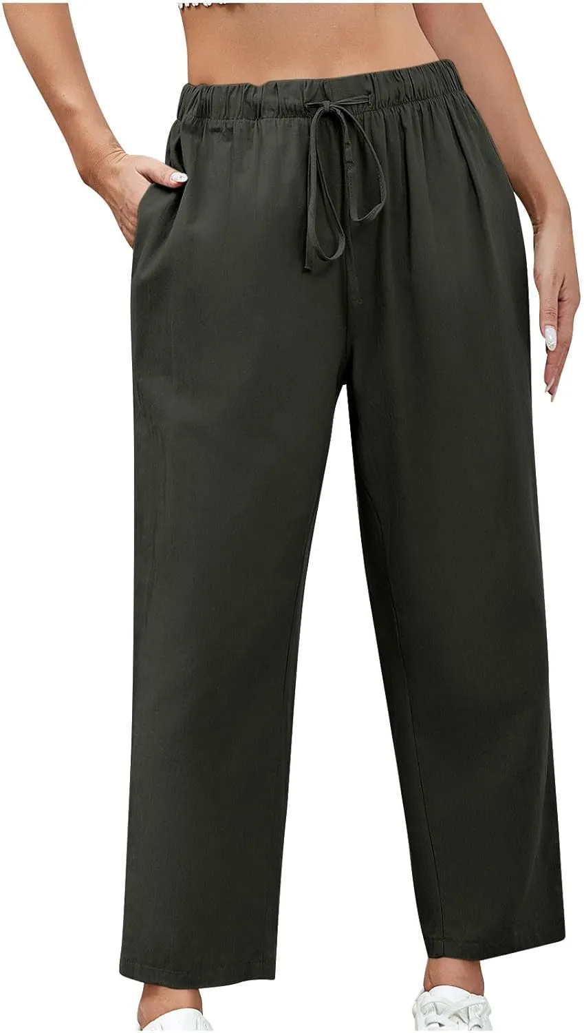 Women Linen Pants Summer 2025 Drawstring Elastic Waist Soft Comfy Cropped Pants Solid Color Wide Leg Palazzo Trousers