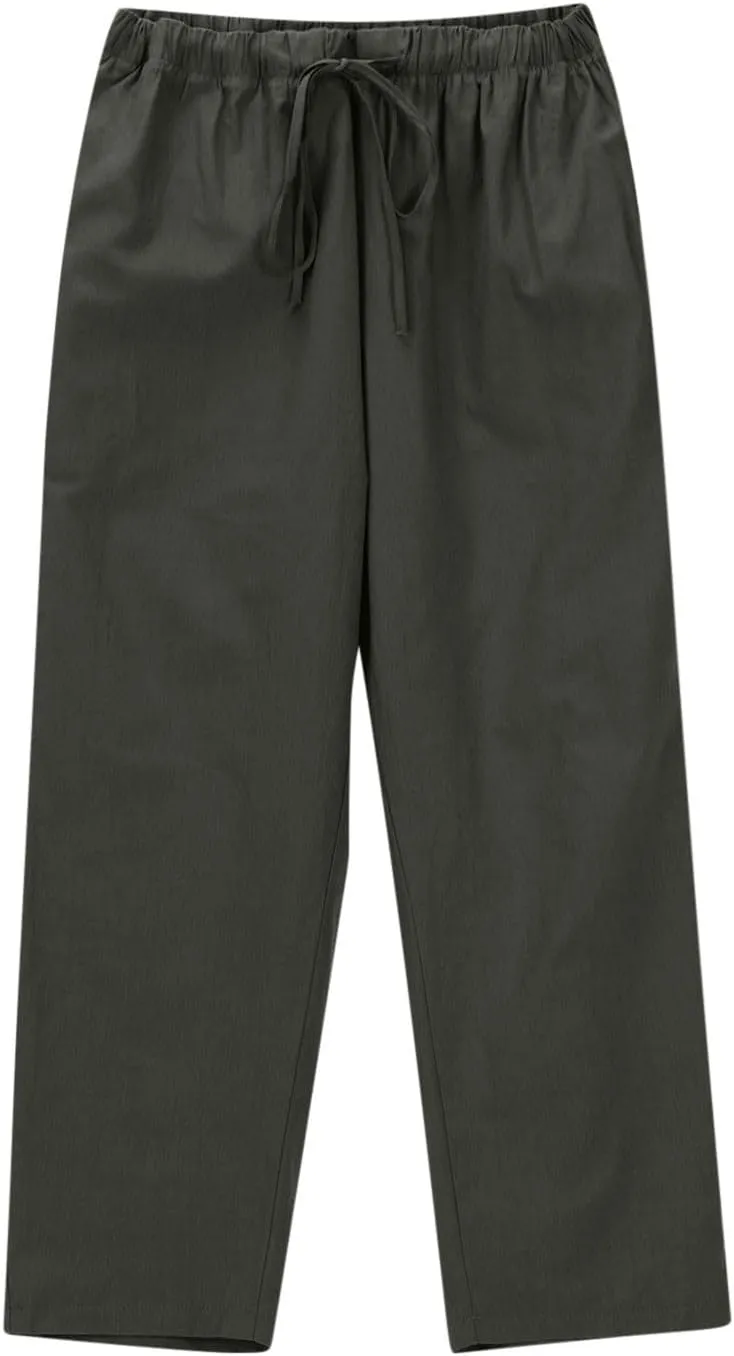 Women Linen Pants Summer 2025 Drawstring Elastic Waist Soft Comfy Cropped Pants Solid Color Wide Leg Palazzo Trousers