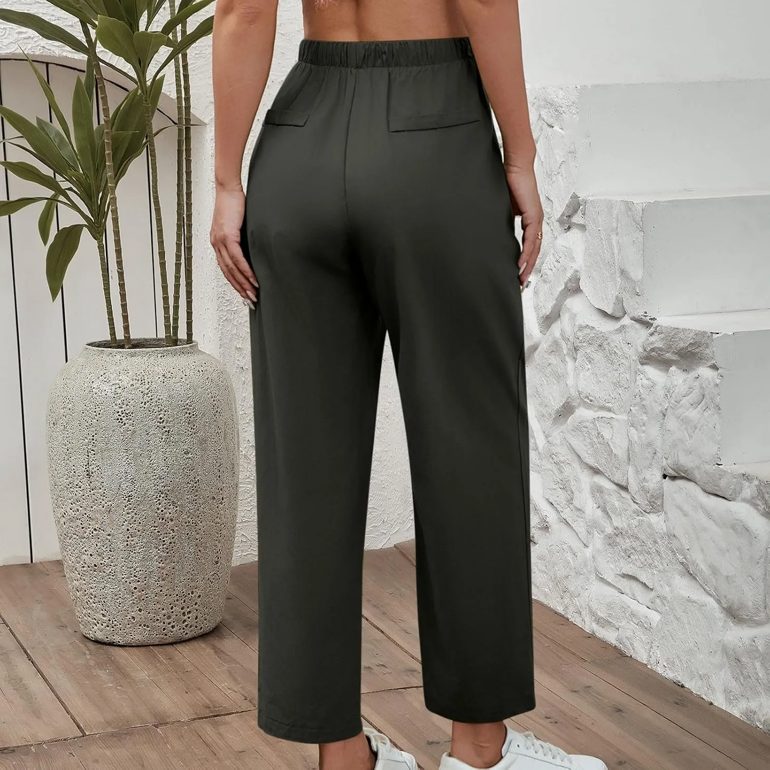 Women Linen Pants Summer 2025 Drawstring Elastic Waist Soft Comfy Cropped Pants Solid Color Wide Leg Palazzo Trousers