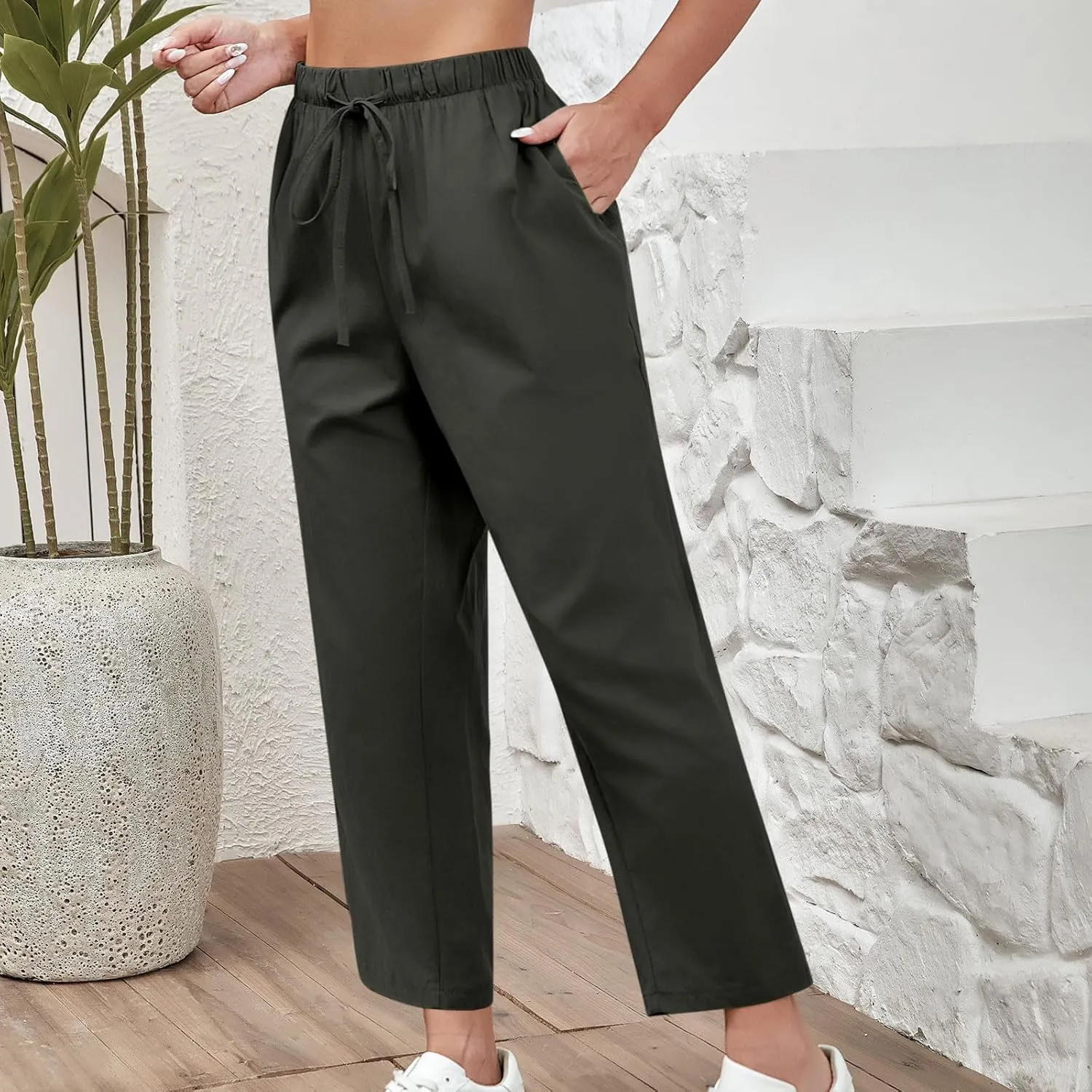 Women Linen Pants Summer 2025 Drawstring Elastic Waist Soft Comfy Cropped Pants Solid Color Wide Leg Palazzo Trousers