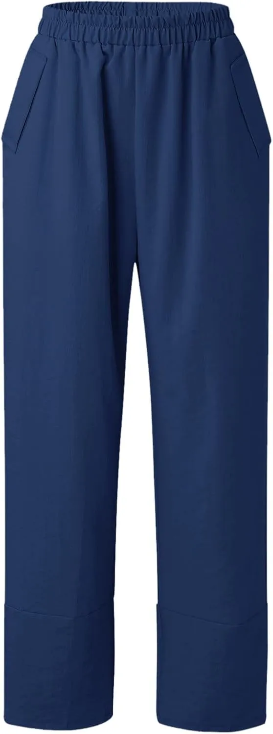 Women Linen Summer Flowy Palazzo Lounge Pants Elastic Waist Bootcut Slim Fit Trousers Trendy
