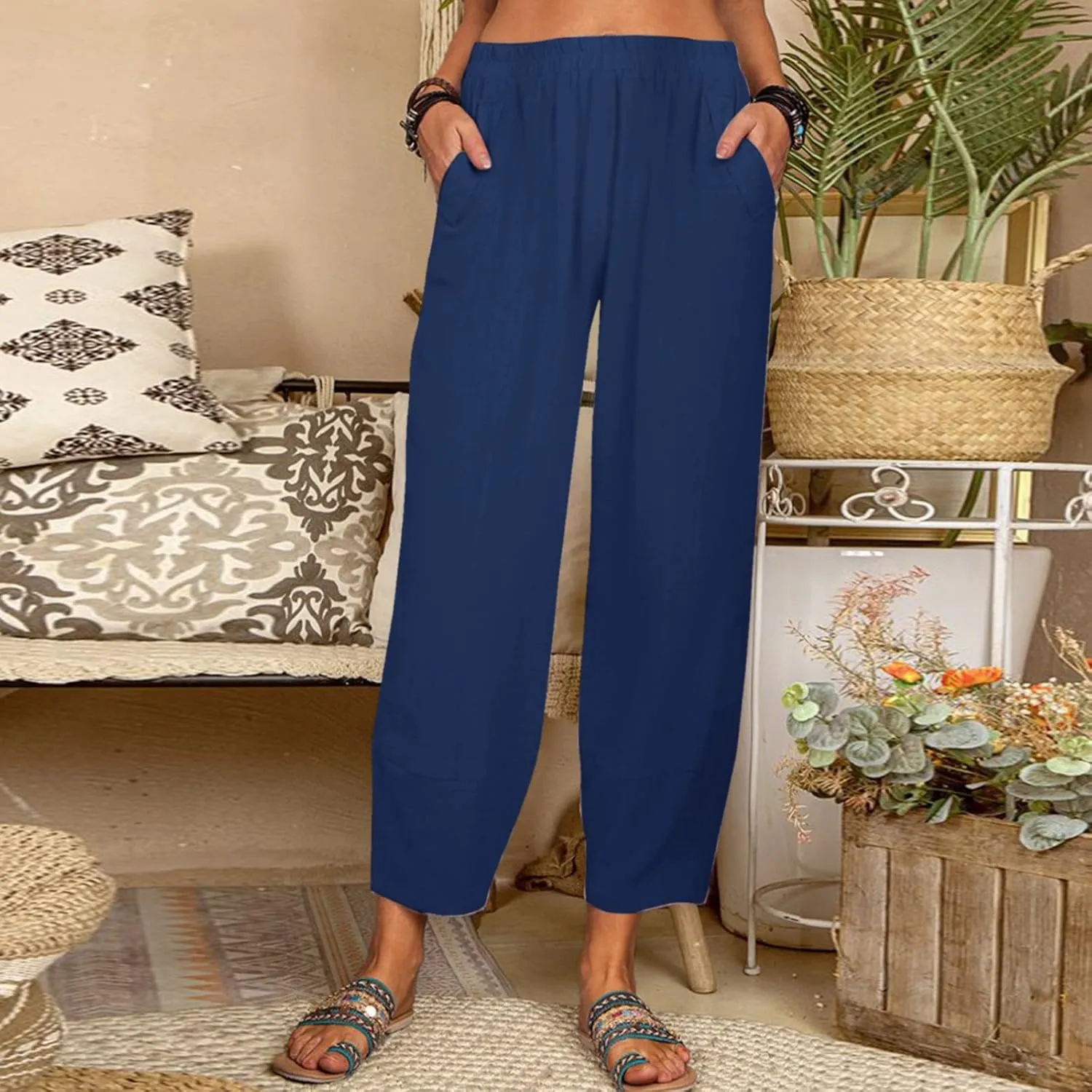 Women Linen Summer Flowy Palazzo Lounge Pants Elastic Waist Bootcut Slim Fit Trousers Trendy