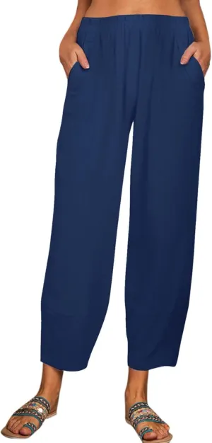 Women Linen Summer Flowy Palazzo Lounge Pants Elastic Waist Bootcut Slim Fit Trousers Trendy
