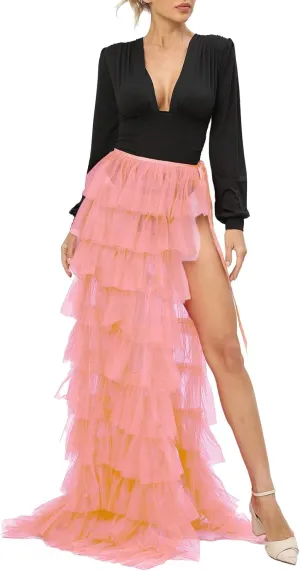 Women Long High Low Ruffles Tulle Skirt Solid Color Mesh Tied-Up Irregular Floor-Length Party Train Overskirt Cover Ups