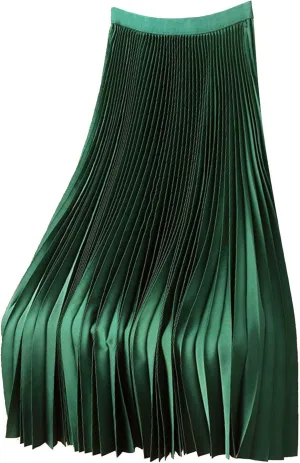 Women Pleated Long Skirt Satin Elastic High Waist Underdress Casual and Versatile Skirt Plus Size
