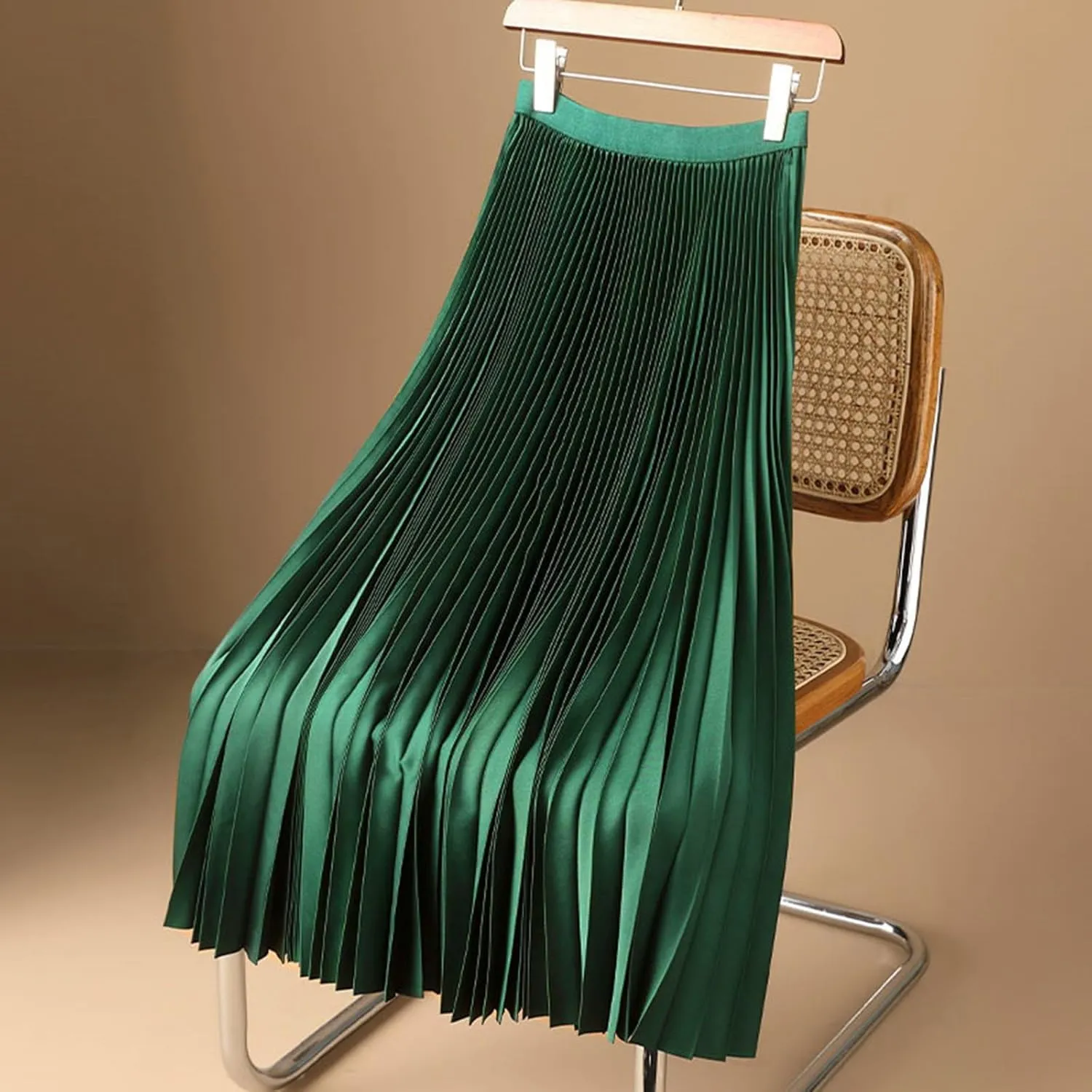 Women Pleated Long Skirt Satin Elastic High Waist Underdress Casual and Versatile Skirt Plus Size
