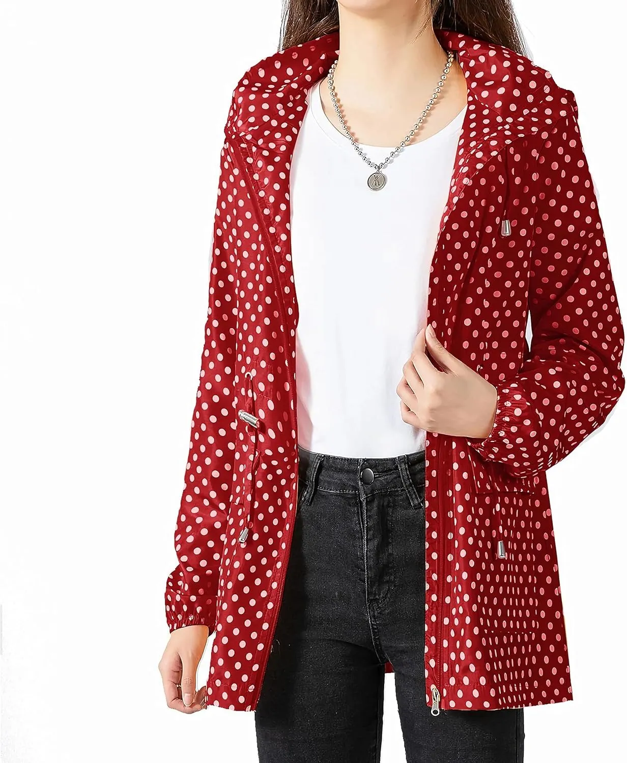 Women-Rain Jacket-Hood Waterproof-Lightweight Windbreak-Packable  Cute RainCoats Travel Polka Dot Ladies With Pouch