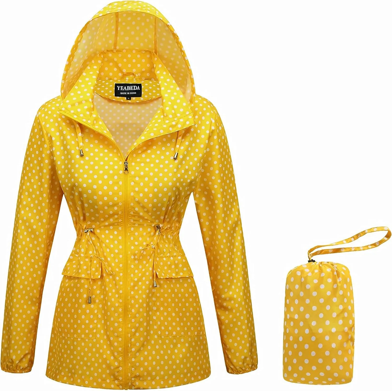 Women-Rain Jacket-Hood Waterproof-Lightweight Windbreak-Packable  Cute RainCoats Travel Polka Dot Ladies With Pouch