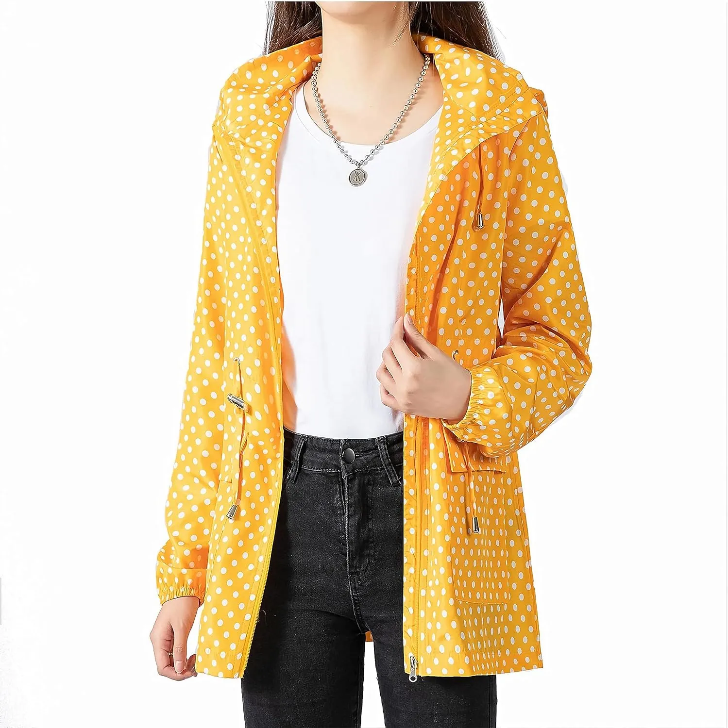 Women-Rain Jacket-Hood Waterproof-Lightweight Windbreak-Packable  Cute RainCoats Travel Polka Dot Ladies With Pouch