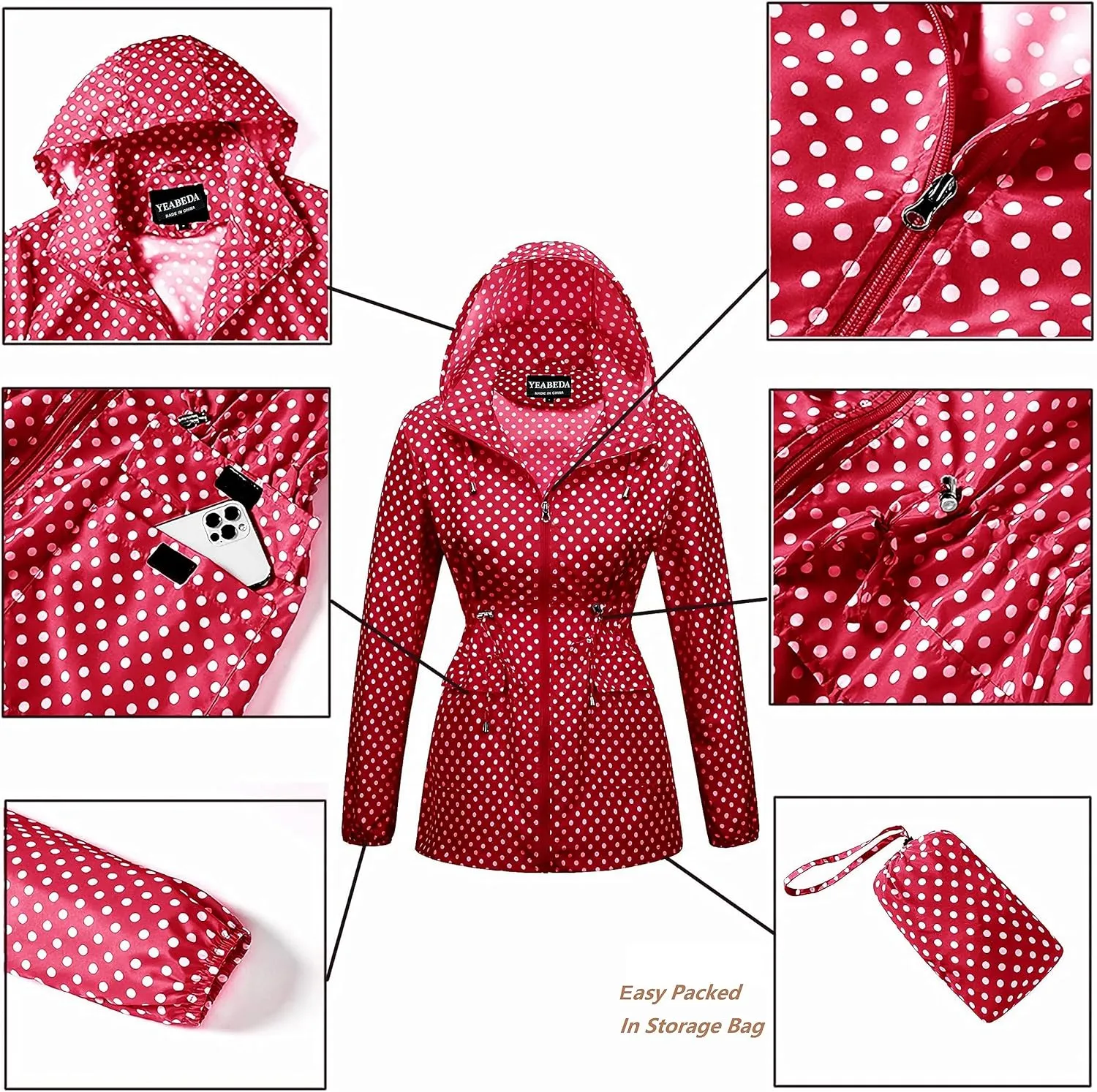 Women-Rain Jacket-Hood Waterproof-Lightweight Windbreak-Packable  Cute RainCoats Travel Polka Dot Ladies With Pouch