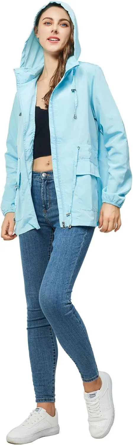 Women-Rain Jacket-Hood Waterproof-Lightweight Windbreak-Packable  Cute RainCoats Travel Polka Dot Ladies With Pouch