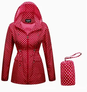 Women-Rain Jacket-Hood Waterproof-Lightweight Windbreak-Packable  Cute RainCoats Travel Polka Dot Ladies With Pouch