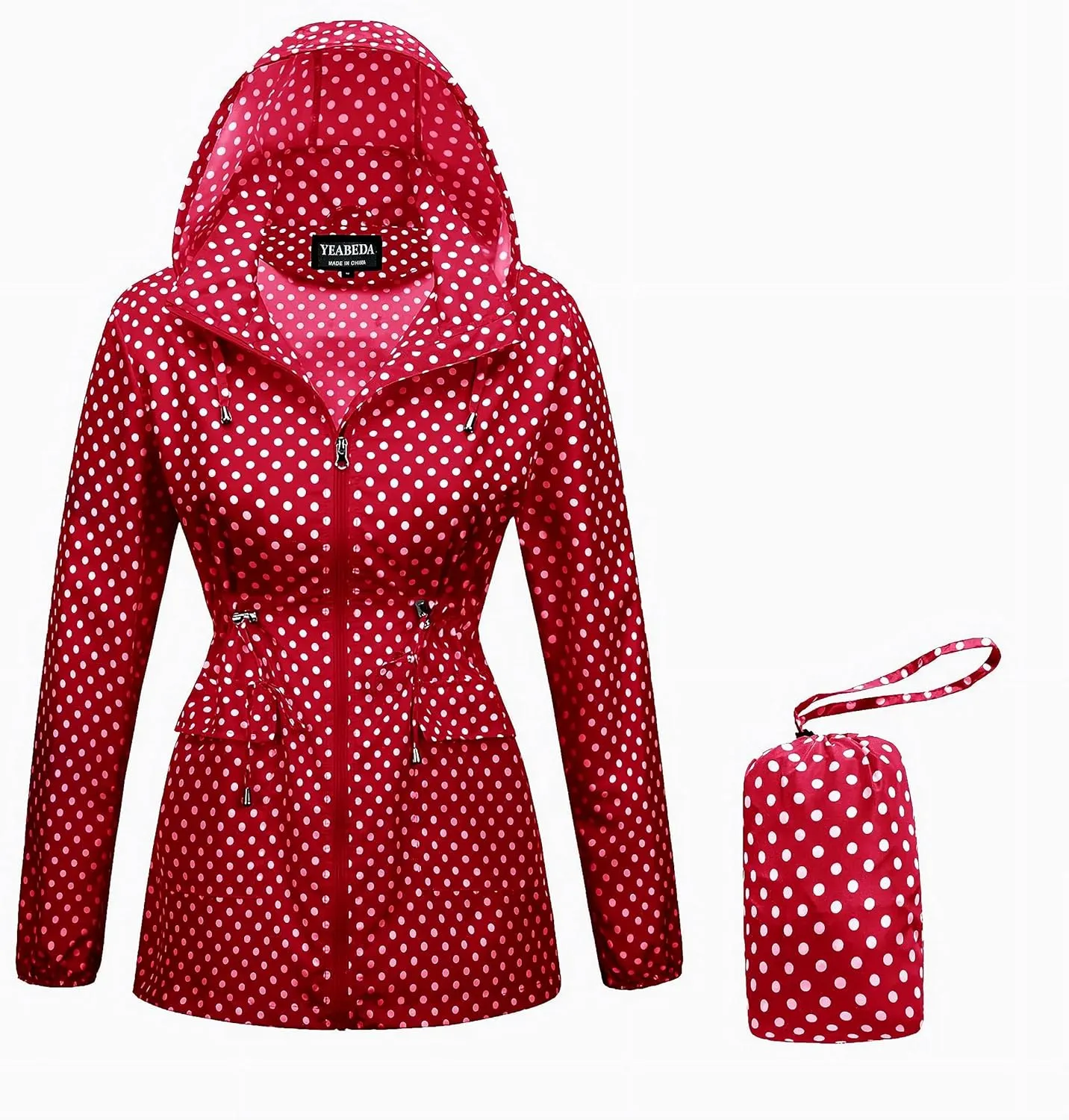 Women-Rain Jacket-Hood Waterproof-Lightweight Windbreak-Packable  Cute RainCoats Travel Polka Dot Ladies With Pouch