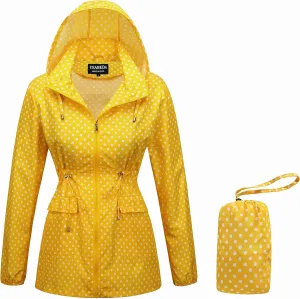 Women-Rain Jacket-Hood Waterproof-Lightweight Windbreak-Packable  Cute RainCoats Travel Polka Dot Ladies With Pouch