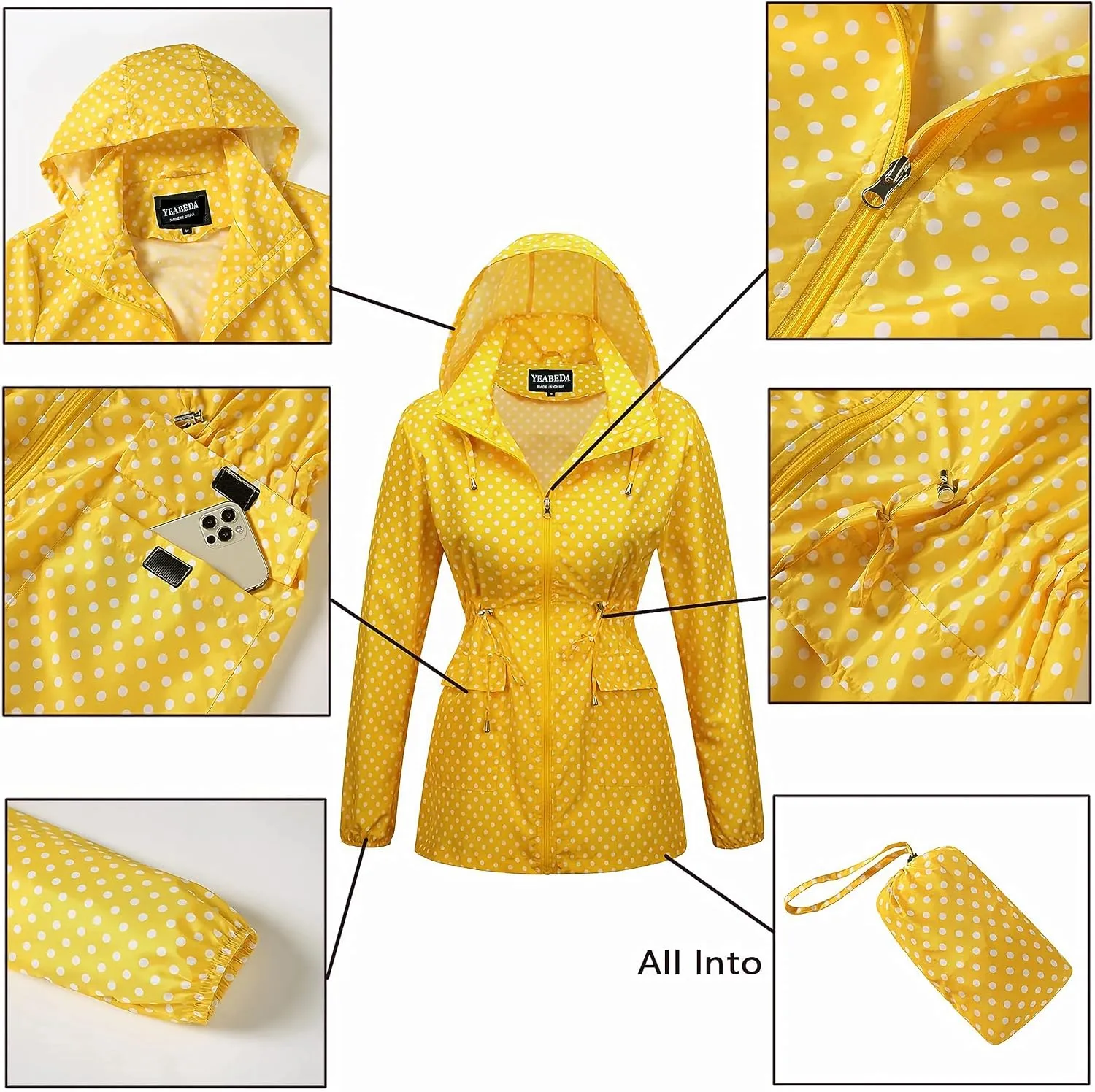 Women-Rain Jacket-Hood Waterproof-Lightweight Windbreak-Packable  Cute RainCoats Travel Polka Dot Ladies With Pouch