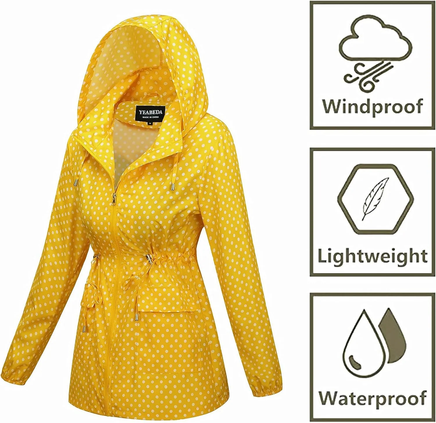 Women-Rain Jacket-Hood Waterproof-Lightweight Windbreak-Packable  Cute RainCoats Travel Polka Dot Ladies With Pouch