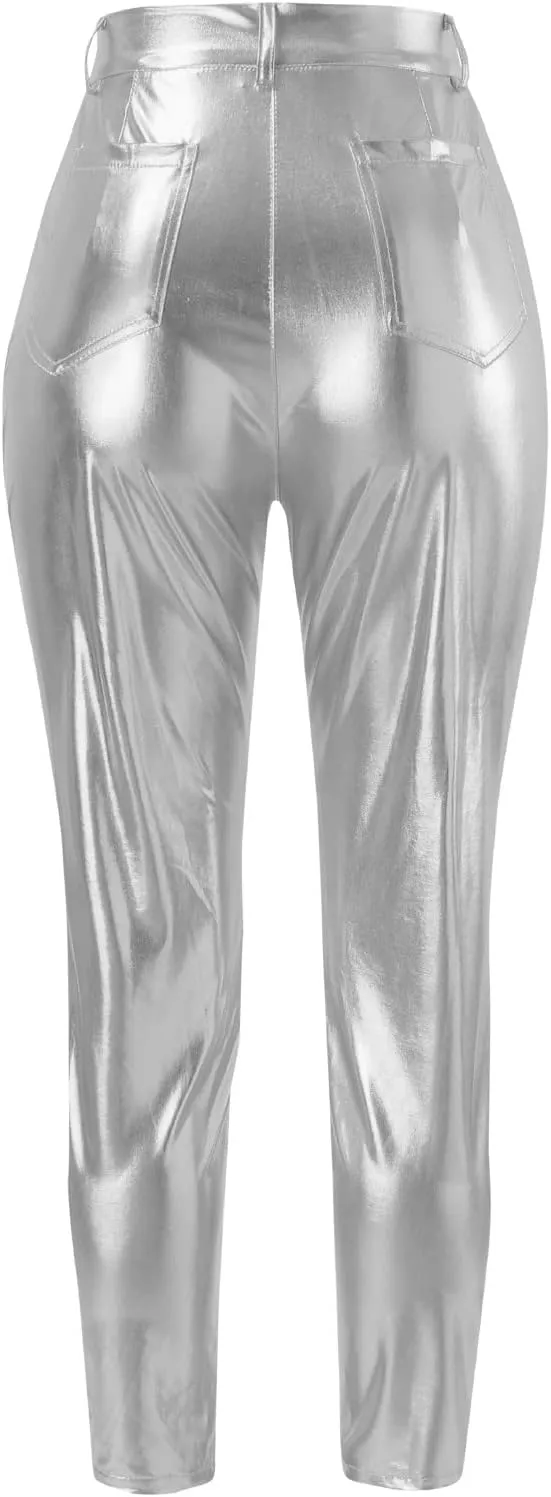 Women Skinny Casual Pants Stretchy High Waist Butt Lifting Pants Lightweight Faux Leather Party Slim Trousers