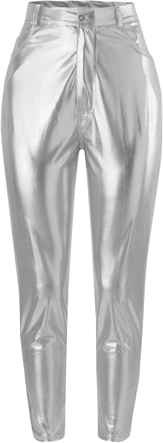 Women Skinny Casual Pants Stretchy High Waist Butt Lifting Pants Lightweight Faux Leather Party Slim Trousers