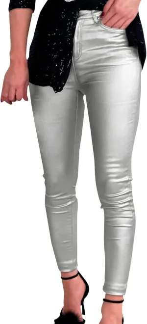 Women Skinny Casual Pants Stretchy High Waist Butt Lifting Pants Lightweight Faux Leather Party Slim Trousers