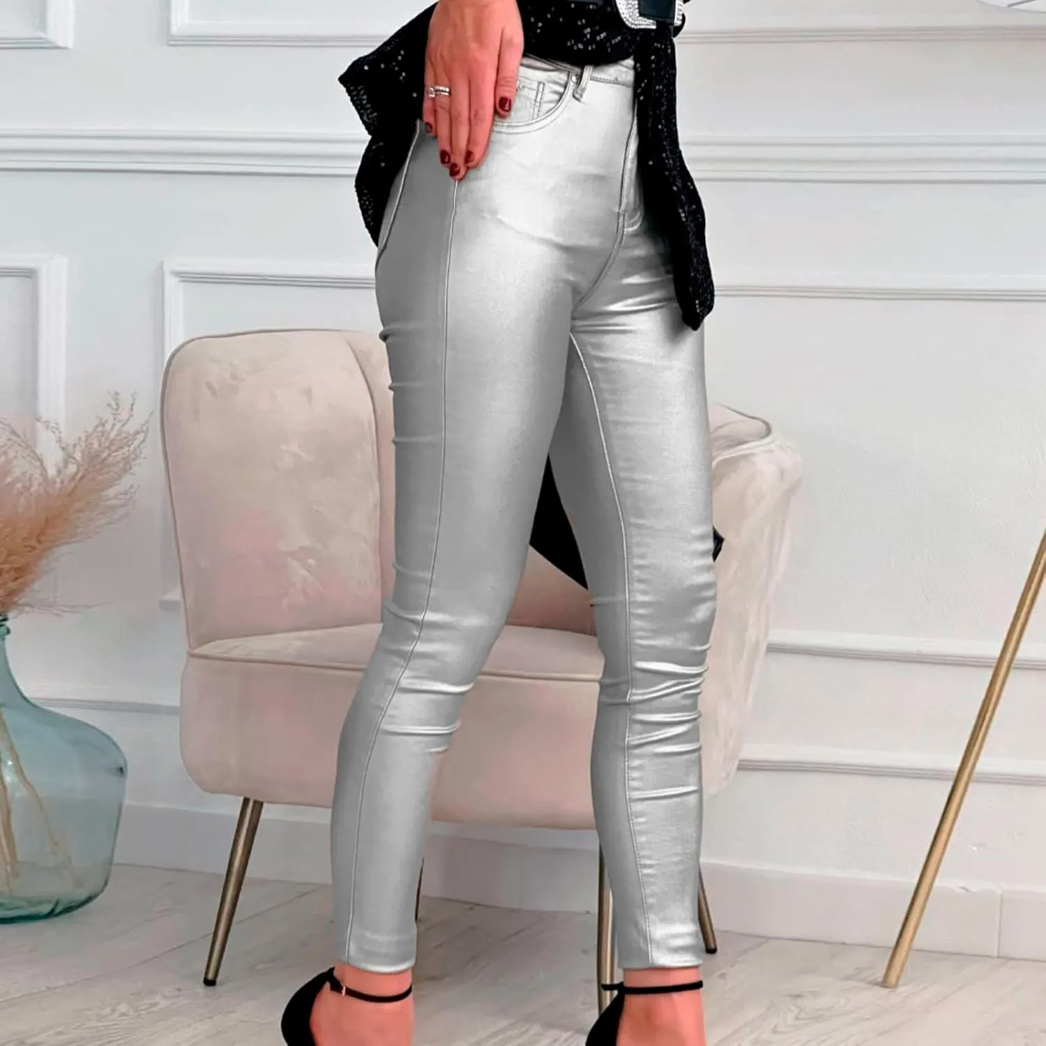 Women Skinny Casual Pants Stretchy High Waist Butt Lifting Pants Lightweight Faux Leather Party Slim Trousers