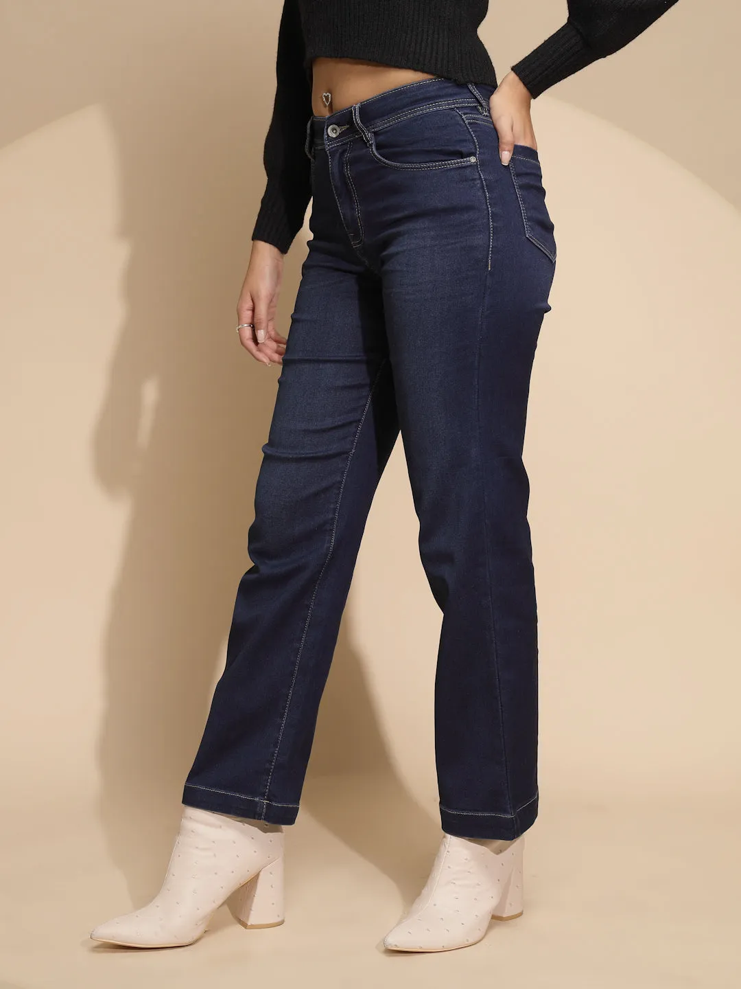 Women Solid Cotton Blend High Rise Straight  Regular fit Jeans