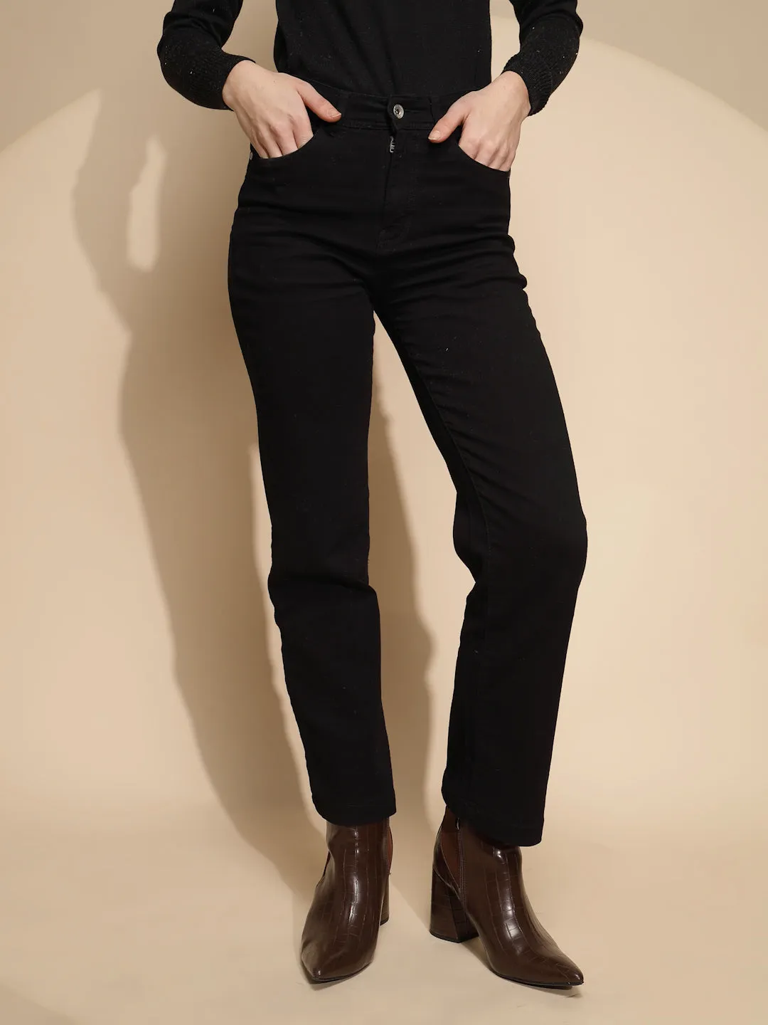 Women Solid Cotton Blend High Rise Straight  Regular fit Jeans