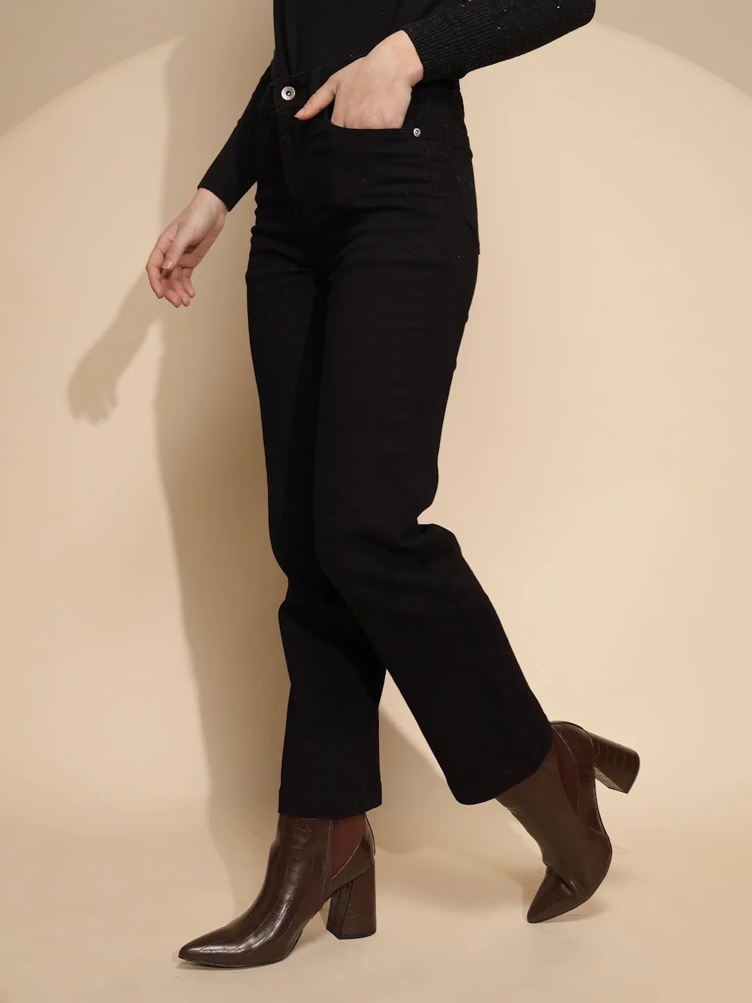 Women Solid Cotton Blend High Rise Straight  Regular fit Jeans