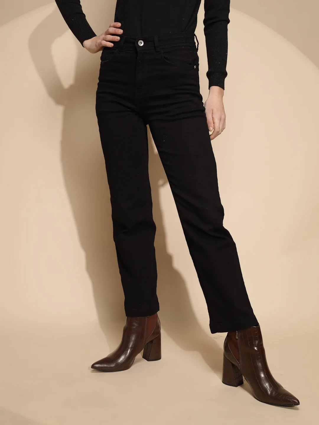 Women Solid Cotton Blend High Rise Straight  Regular fit Jeans