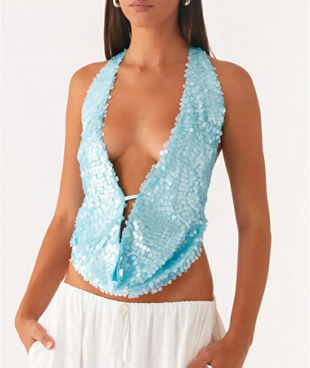 Women Sparkly Sequins Tank Tops Y2k Glitter Backless Halter Neck Vests Summer Sleeveless Tops Streetwear