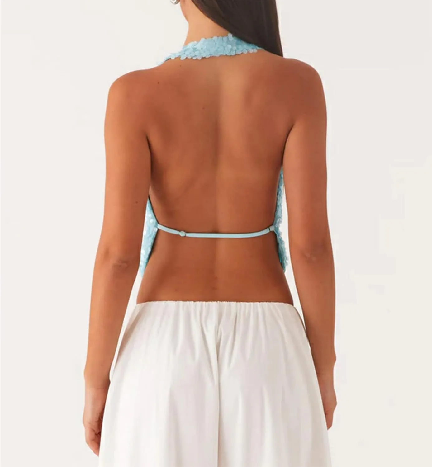 Women Sparkly Sequins Tank Tops Y2k Glitter Backless Halter Neck Vests Summer Sleeveless Tops Streetwear