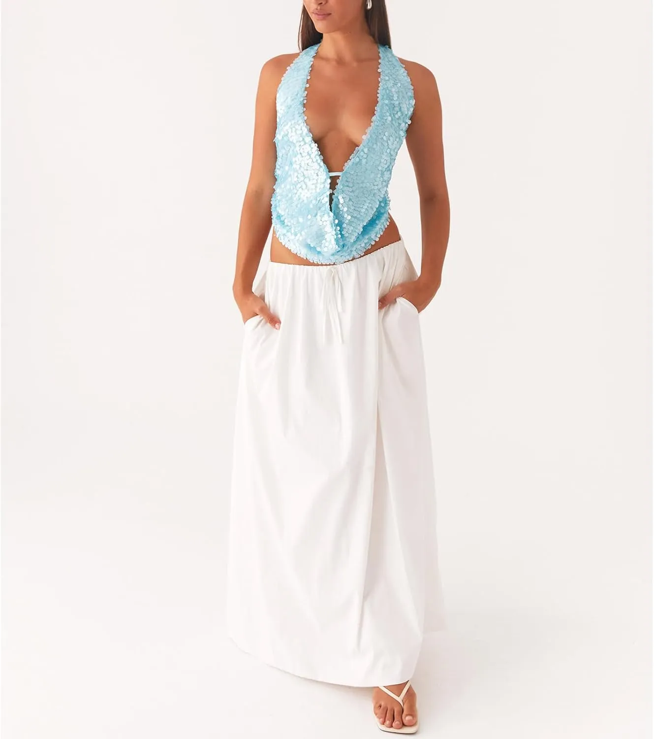Women Sparkly Sequins Tank Tops Y2k Glitter Backless Halter Neck Vests Summer Sleeveless Tops Streetwear