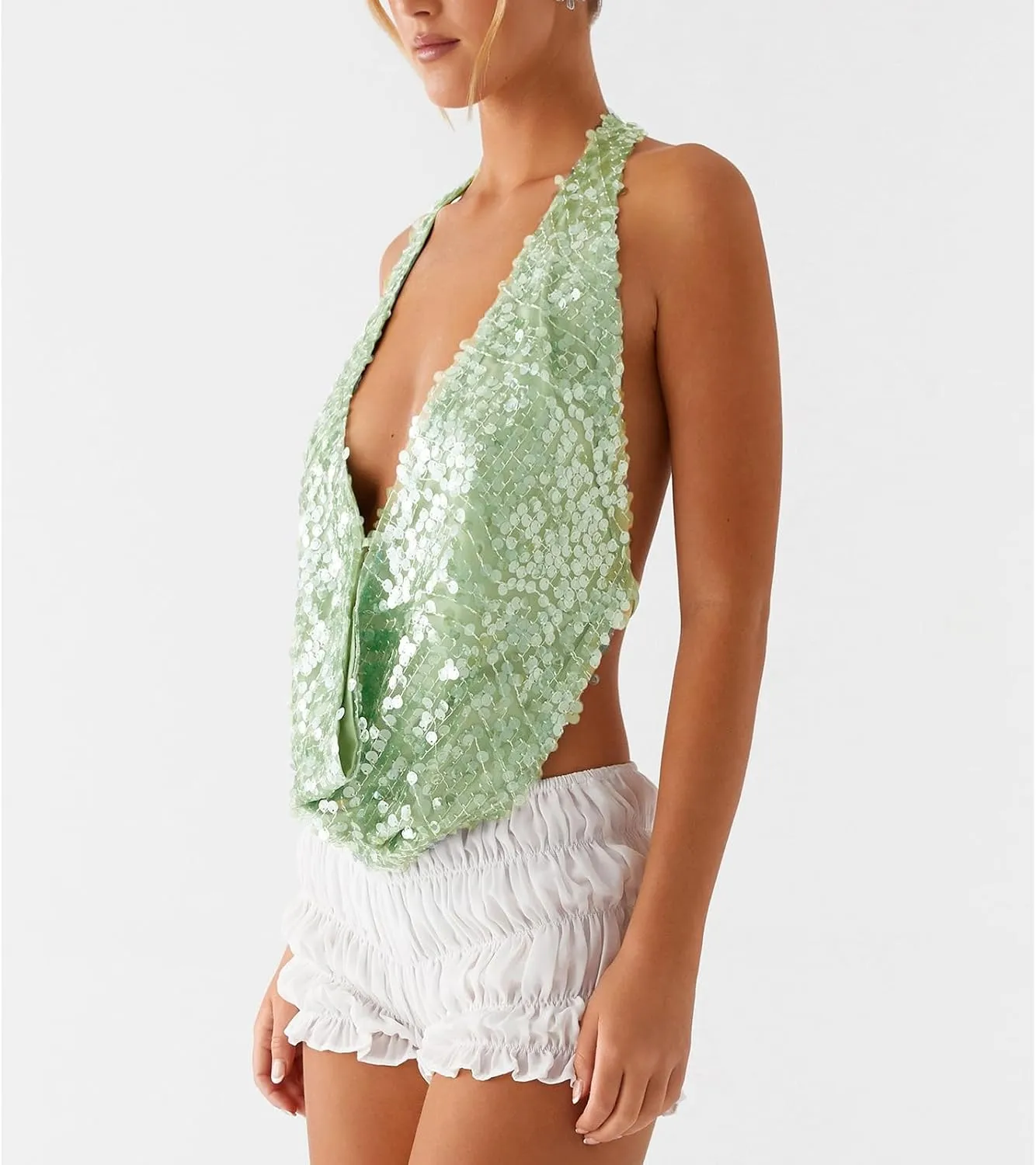 Women Sparkly Sequins Tank Tops Y2k Glitter Backless Halter Neck Vests Summer Sleeveless Tops Streetwear