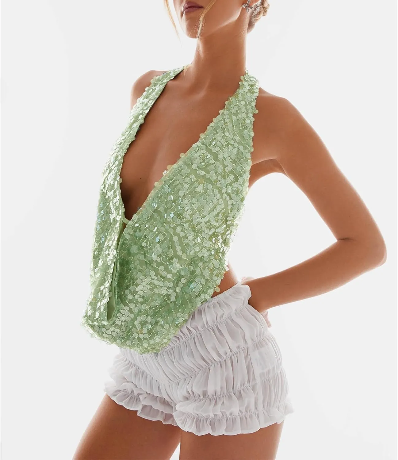 Women Sparkly Sequins Tank Tops Y2k Glitter Backless Halter Neck Vests Summer Sleeveless Tops Streetwear