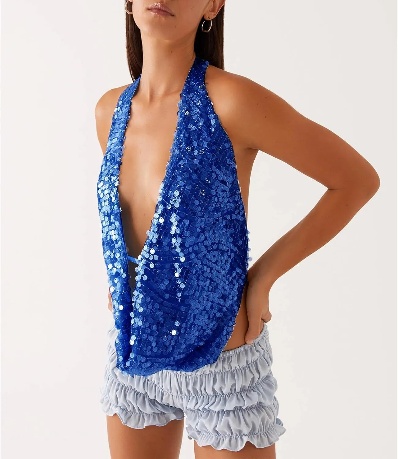 Women Sparkly Sequins Tank Tops Y2k Glitter Backless Halter Neck Vests Summer Sleeveless Tops Streetwear