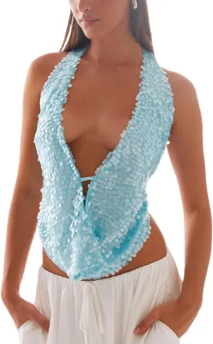 Women Sparkly Sequins Tank Tops Y2k Glitter Backless Halter Neck Vests Summer Sleeveless Tops Streetwear
