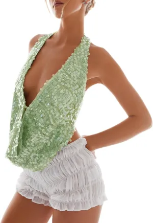 Women Sparkly Sequins Tank Tops Y2k Glitter Backless Halter Neck Vests Summer Sleeveless Tops Streetwear