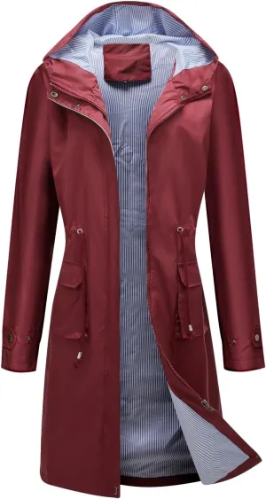 Women Waterproof Lightweight Long Rain Jacket Outdoor Casual Hooded Long Trench Coat