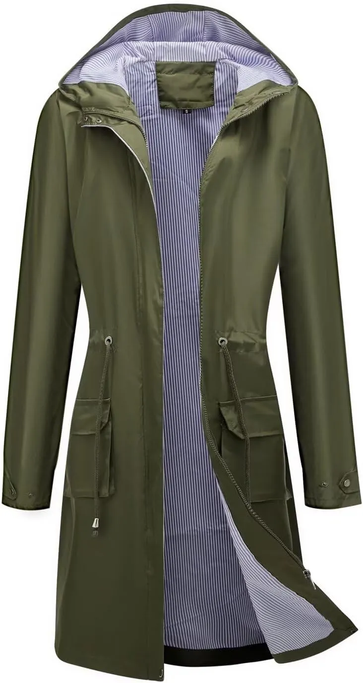 Women Waterproof Lightweight Long Rain Jacket Outdoor Casual Hooded Long Trench Coat