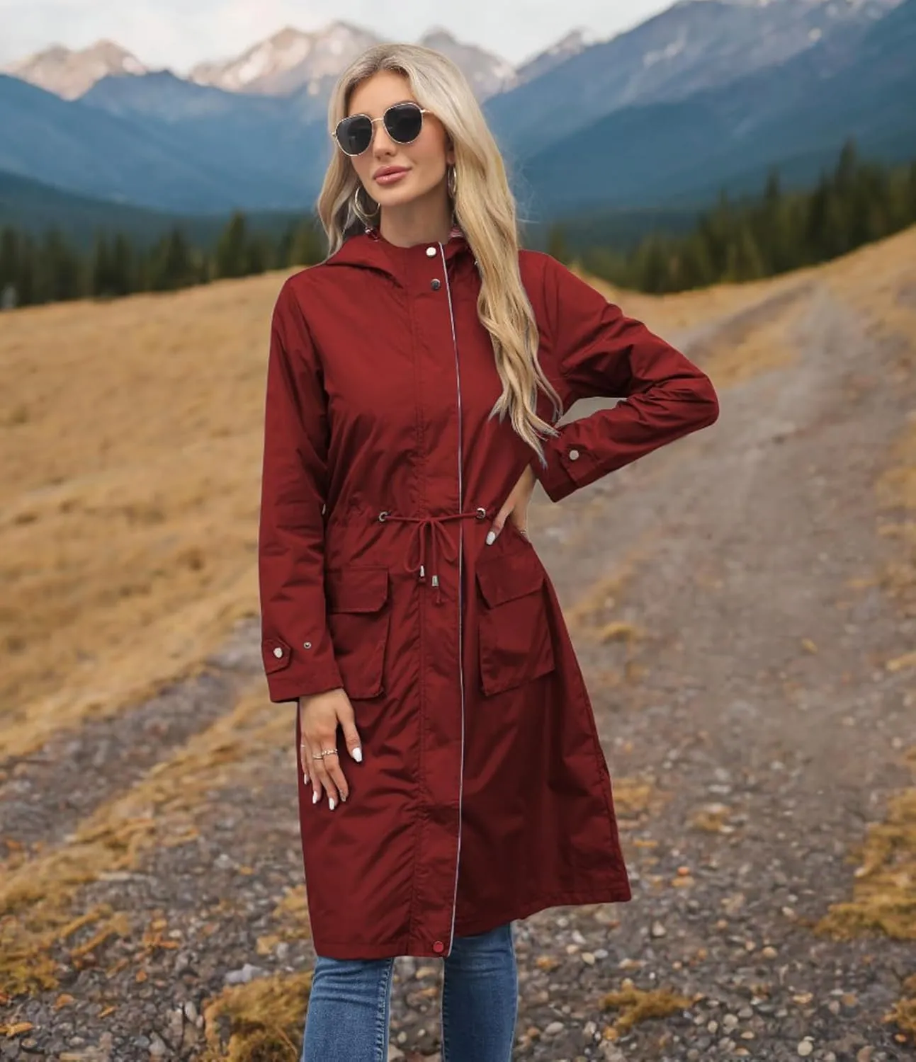 Women Waterproof Lightweight Long Rain Jacket Outdoor Casual Hooded Long Trench Coat